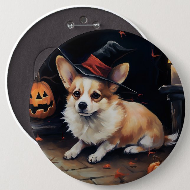 Badge Rond 15,2 Cm Corgi Citrouille Halloween effroi (Devant & derrière)