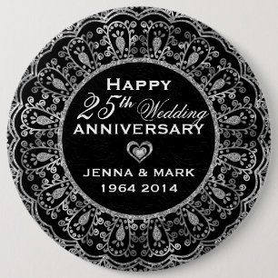 Badge Rond 15,2 Cm Courbe Florale Noire Et Argent 25e Anniversaire