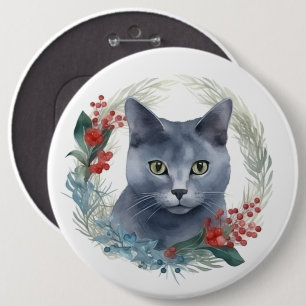 Badge Rond 15,2 Cm Couronne de Noël au chat bleu russe Kitten festif