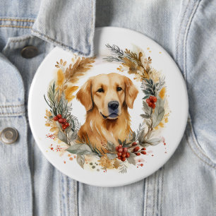 Badge Rond 15,2 Cm Couronne de Noël au Golden Retriever Chien de fête