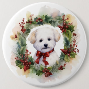 Badge Rond 15,2 Cm Couronne de Noël Bichon Frise Chien festif