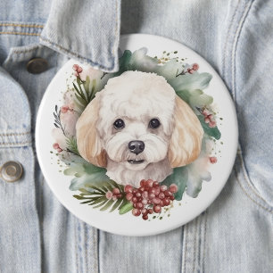 Badge Rond 15,2 Cm Couronne de Noël Caniche Fête de Chien Festive
