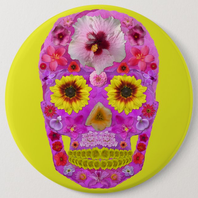 Badge Rond 15,2 Cm Crâne à fleurs 7 (Devant)