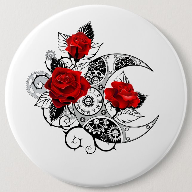 Badge Rond 15,2 Cm Croissant mécanique avec roses rouges (Devant)