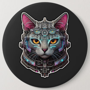 Badge Rond 15,2 Cm Curieux Kitty dans un cyber-casque