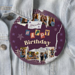 Badge Rond 15,2 Cm Custom Purple Teen Girl Birthday Photo Collage<br><div class="desc">Celebrate a special day in style with this custom purple scrapbook-style teen girl birthday photo collage button badge. Designed with a fun torn-paper scrapbook aesthetic, playful stars, layered textures, and colorful cut-out lettering spelling “Happy Birthday, ” this badge becomes a unique and personal birthday accessory. The design allows you to...</div>