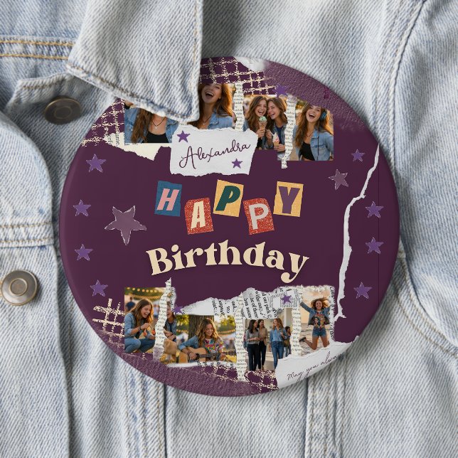 Badge Rond 15,2 Cm Custom Purple Teen Girl Birthday Photo Collage  (En situation)