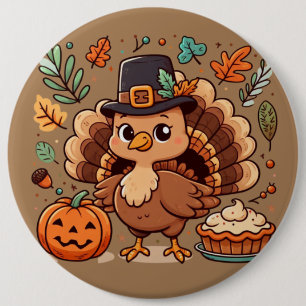 Badge Rond 15,2 Cm Cute caricature Thanksgiving dinde et citrouille