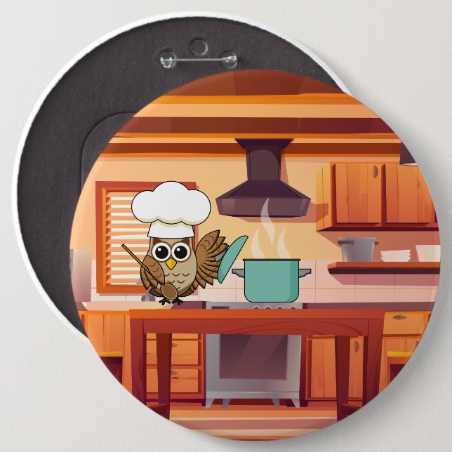 Badge Rond 15,2 Cm Cute Chef Owl Cuisine en cuisine (Devant & derrière)