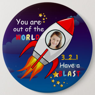 Badge Rond 15,2 Cm Cute Outer Space Rocket Ship Blast Off Birthday