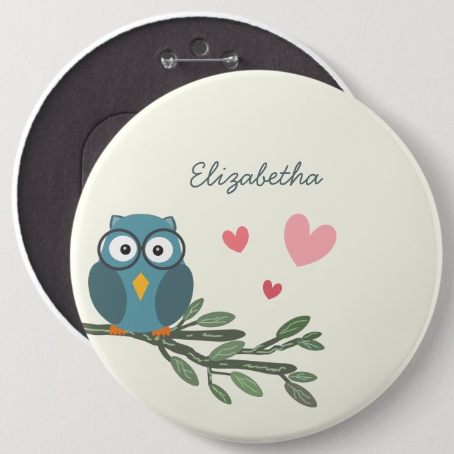 Badge Rond 15,2 Cm Cute Owl avec lunettes sur une branche nom personn (Devant & derrière)