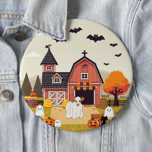 Badge Rond 15,2 Cm Cute vache d'Halloween et ferme (En situation)