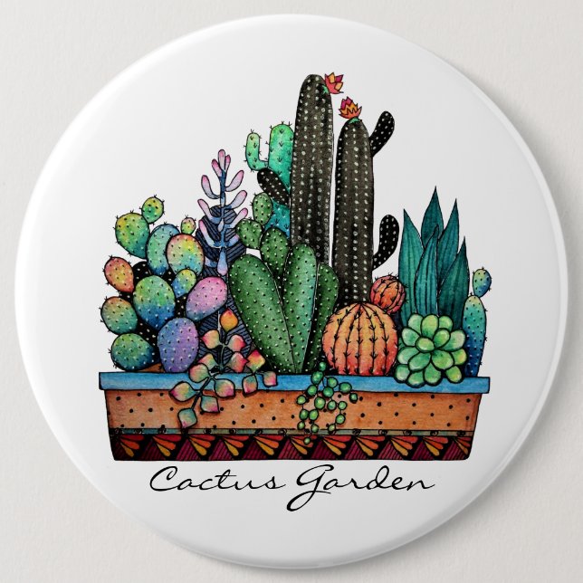 Badge Rond 15,2 Cm Cute Watercolor Cactus Garden (Devant)