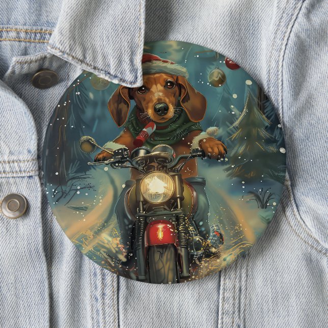Badge Rond 15,2 Cm Dachshund à moto Noël (En situation)