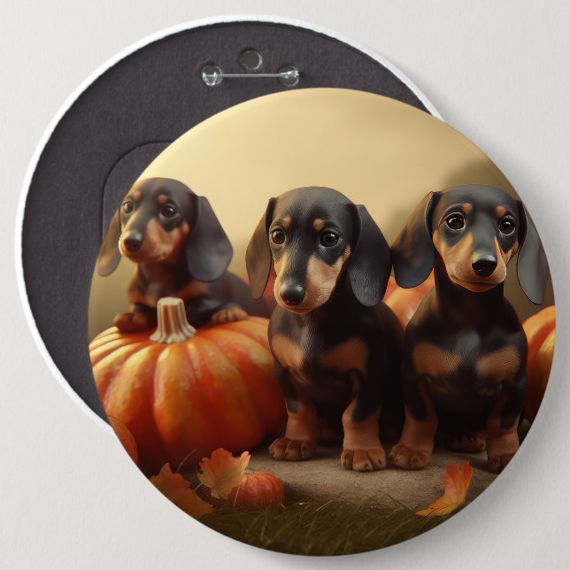 Badge Rond 15,2 Cm Dachshund Chiot Automne Citrouille de plaisir (Devant & derrière)