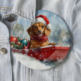 Badge Rond 15,2 Cm Dachshund Dog in Sledge Let it neige Noël