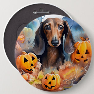 Badge Rond 15,2 Cm Dachshund Halloween avec citrouilles effrayant