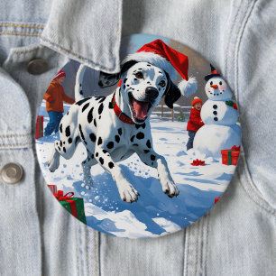 Badge Rond 15,2 Cm Dalmatien courant dans la neige avec un chapeau de