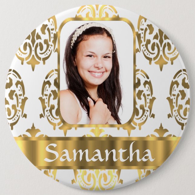 Badge Rond 15,2 Cm Damas blanc et or (Devant)
