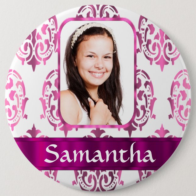 Badge Rond 15,2 Cm Damas blanc et rose (Devant)