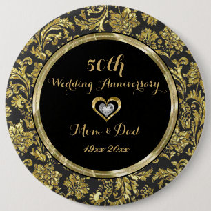 Badge Rond 15,2 Cm Damas Noir Et Or 50ème Anniversaire Du Mariage 2