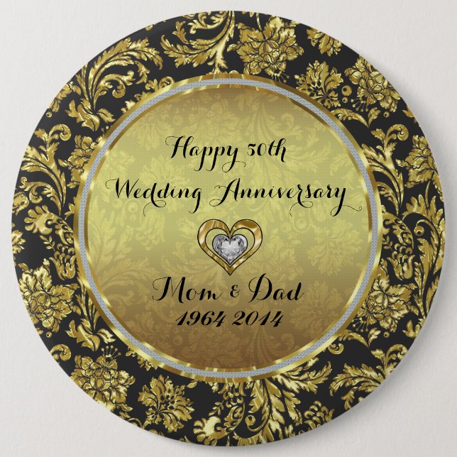 Badge Rond 15,2 Cm Damas Noir Et Or 50ème Anniversaire Mariage (Devant)
