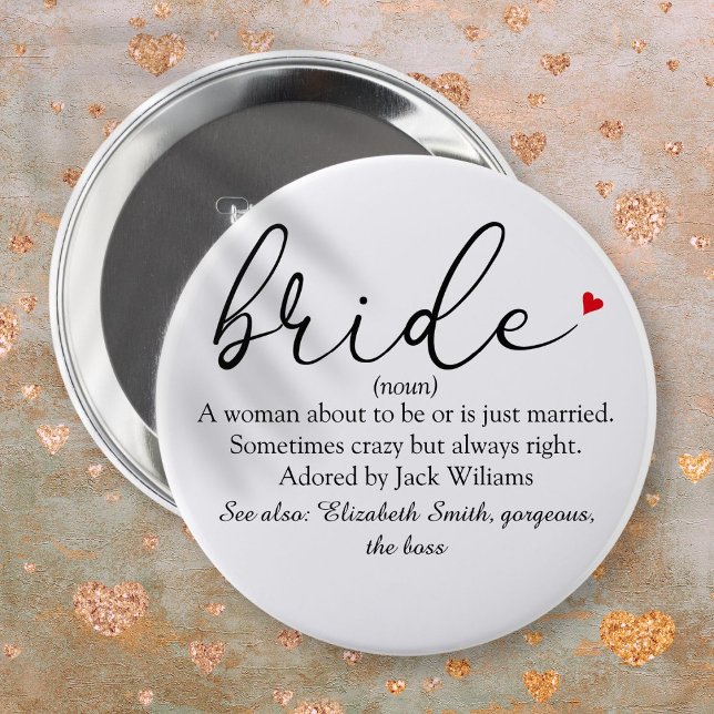 Badge Rond 15,2 Cm Définition de mariée de script, douche de mariée,  (Script Bride Definition Bridal Shower Wedding Button)