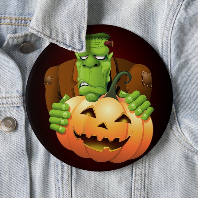 Badge Rond 15,2 Cm Dessin de Frankenstein Monster avec Citrouille (En situation)