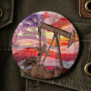 Badge Rond 15,2 Cm Dessin pastel patriotique d'un pumpjack au coucher