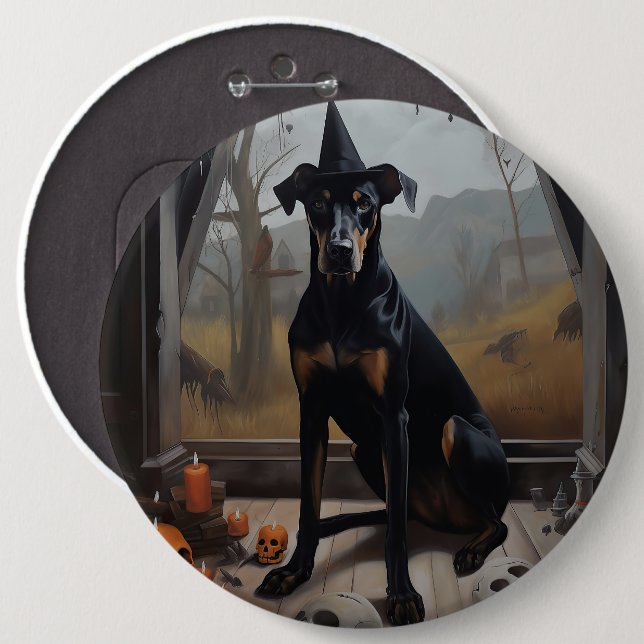 Badge Rond 15,2 Cm Doberman Citrouilles Halloween Épouvantable (Devant & derrière)