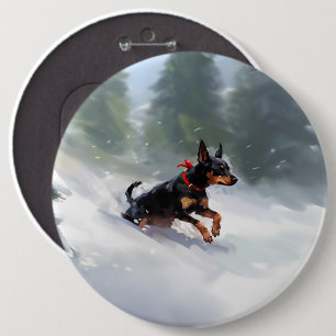 Badge Rond 15,2 Cm Doberman Pinscher Noël neige hiver