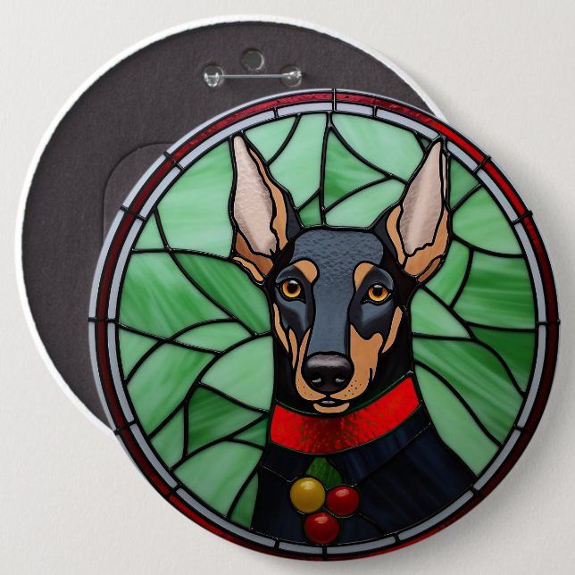 Badge Rond 15,2 Cm Doberman Pinscher Vitrail Noël (Devant & derrière)