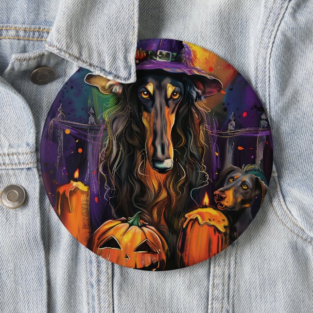 Badge Rond 15,2 Cm Éffrayant Afghan Hound Halloween sorcière et Citro (En situation)