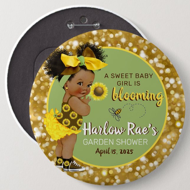 Badge Rond 15,2 Cm Ethnic Baby Girl | Yellow Sunflower Gold Parties s (Devant & derrière)