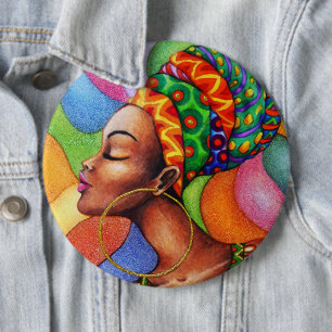 Badge Rond 15,2 Cm Femme africaine avec cire tissu traditionnel