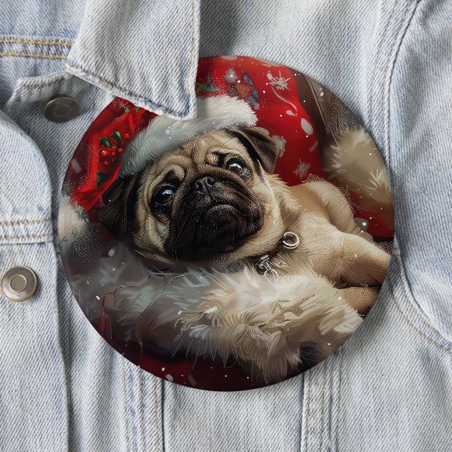 Badge Rond 15,2 Cm Festive de Noël de chien carlin (En situation)