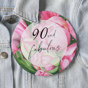 Badge Rond 15,2 Cm Fête d'anniversaire 90 ans avec des pivoines