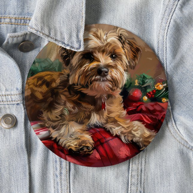 Badge Rond 15,2 Cm Fête de Noël de Chien Yorkipoo (En situation)