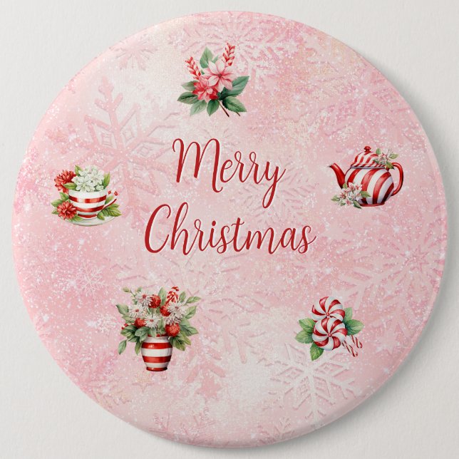 Badge Rond 15,2 Cm Fête de thé de Noël Peppermenthe Pink Snowflake (Devant)
