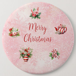 Badge Rond 15,2 Cm Fête de thé de Noël Peppermenthe Pink Snowflake