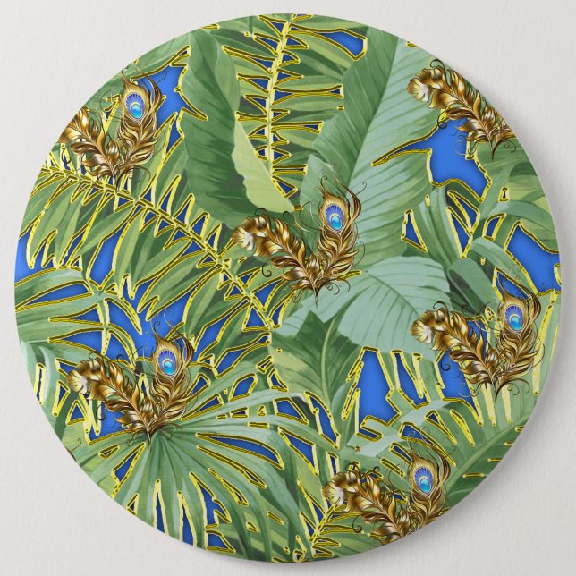 Badge Rond 15,2 Cm Feuilles Golden Peacock sur Cerulean Blue (Devant)