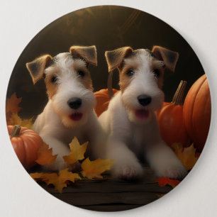 Badge Rond 15,2 Cm Fil Fox Terrier Puppy Automne Citrouille de plaisi