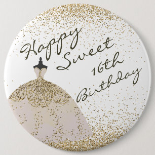 Badge Rond 15,2 Cm Fille Blanc Golden Ball Gown Sweet 16e anniversair