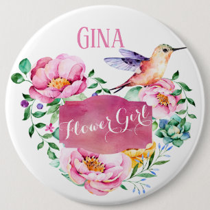 Badge Rond 15,2 Cm Fille Fleur Rose Florale Colibri