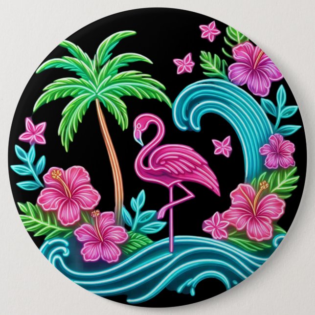 Badge Rond 15,2 Cm Flamant rose de néon tropical (Devant)