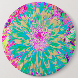 Badge Rond 15,2 Cm Fleur de Dahlia Décorative Vert Turquoise et Rose