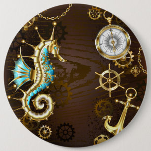 Badge Rond 15,2 Cm Fond en bois avec hippocampe mécanique