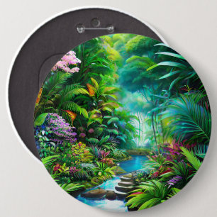 Badge Rond 15,2 Cm Forêt tropicale humide avec arbres et fleurs