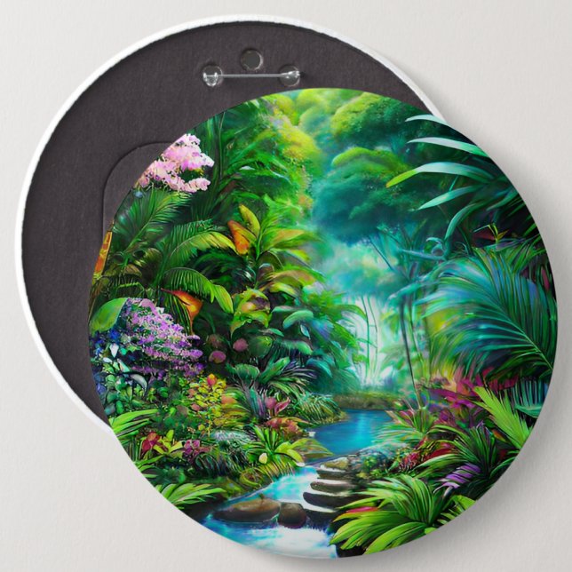Badge Rond 15,2 Cm Forêt tropicale humide avec arbres et fleurs (Devant & derrière)