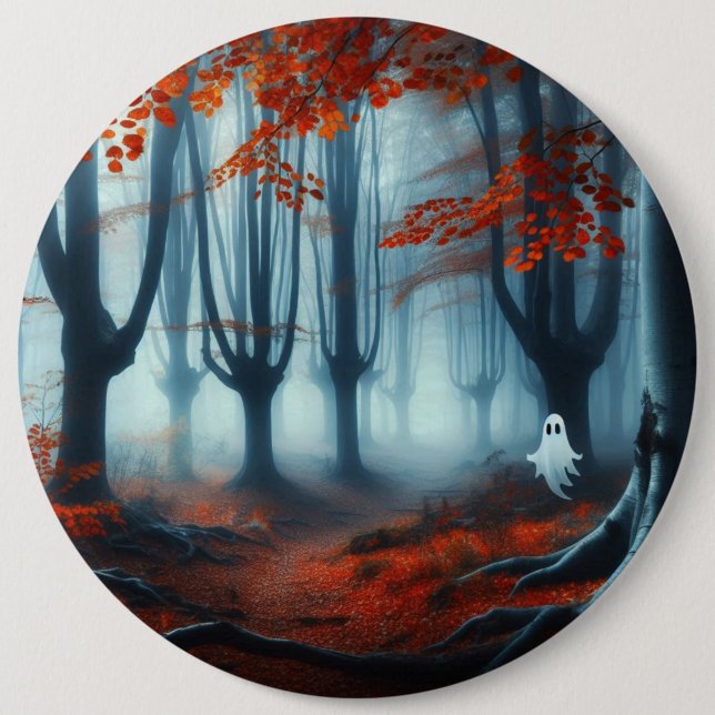 Badge Rond 15,2 Cm Forêts éffrayantes d'automne avec un fantôme (Devant)